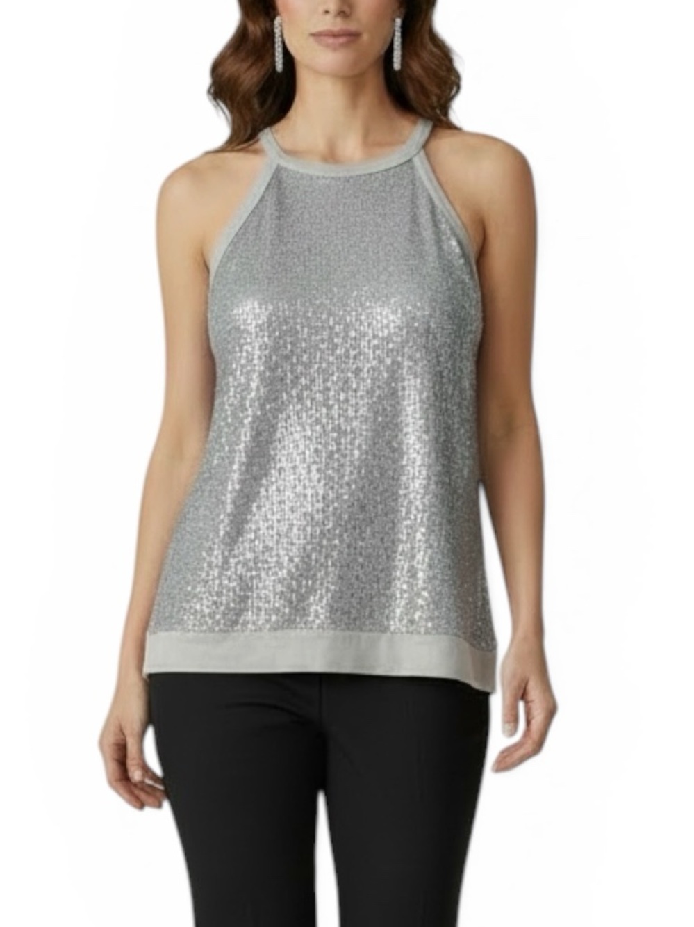 The Limited Women's XS Gray/Silver Solid High Neck Sleeveless Sequin Tank